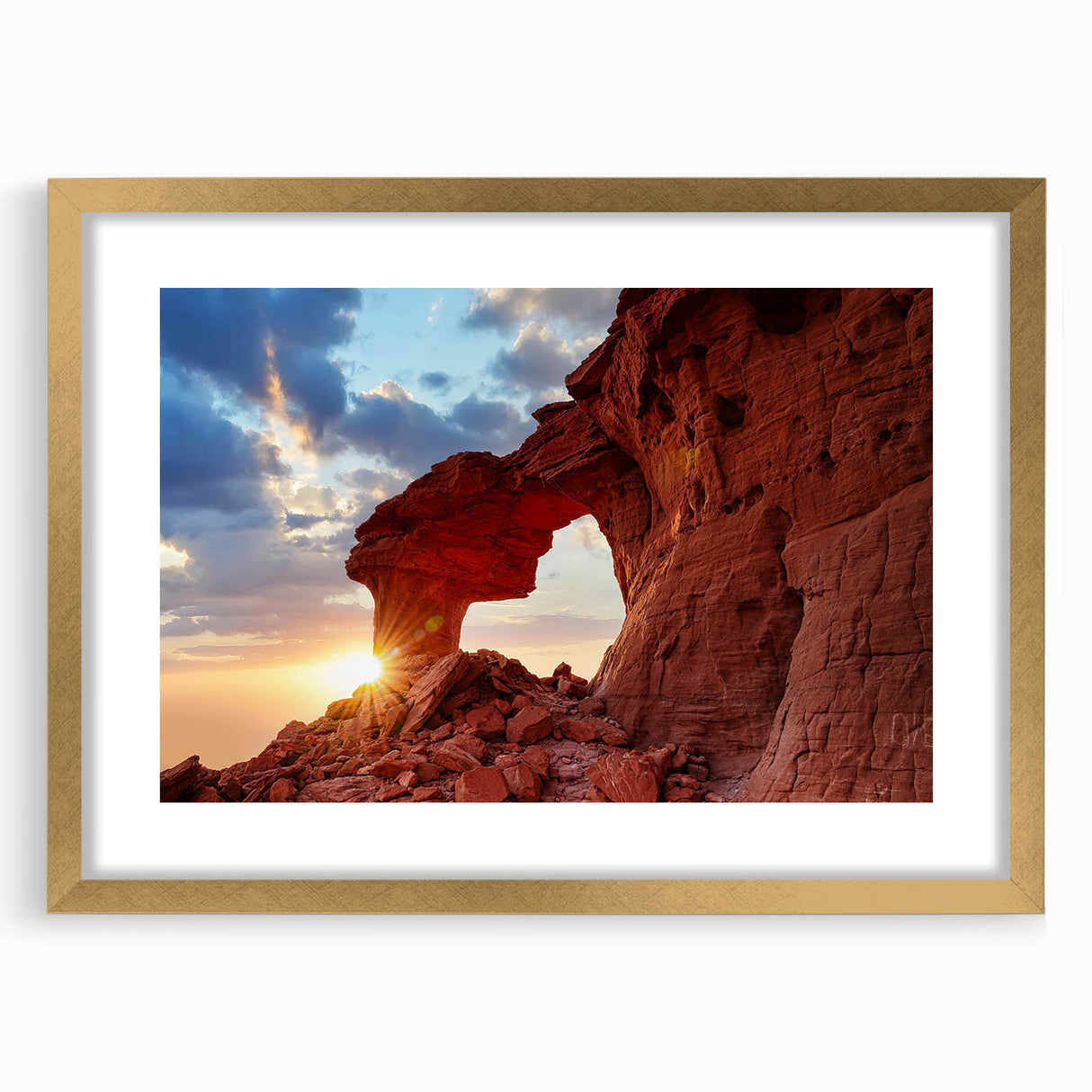 Elegant wall art featuring a landscape with textured rocks, framed in a stylish gold mat. Perfect for enhancing home decor with its natural beauty and artistic design.