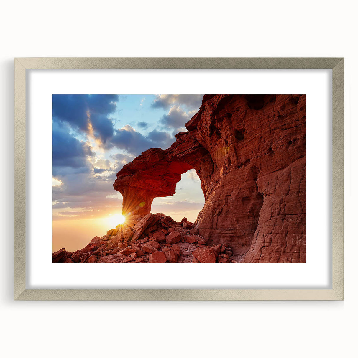 Framed landscape wall art featuring rocky terrain design with a silver mat. Ideal for modern home decor, this artwork adds a touch of elegance and tranquility.