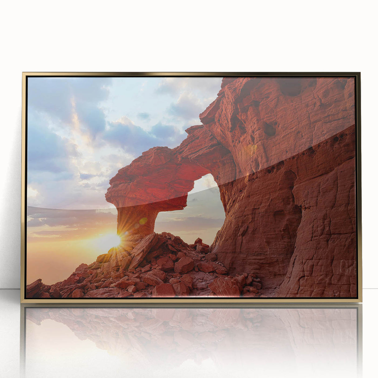 Framed acrylic wall art featuring a stunning landscape design with rocks and gold accents, ideal for home decor and enhancing interior aesthetics.