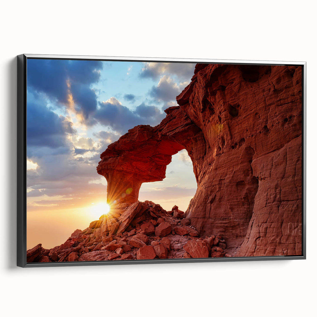 Framed canvas wall art showcasing a stunning landscape design with prominent rocks and earthy tones, viewed from the side, ideal for modern home decor.