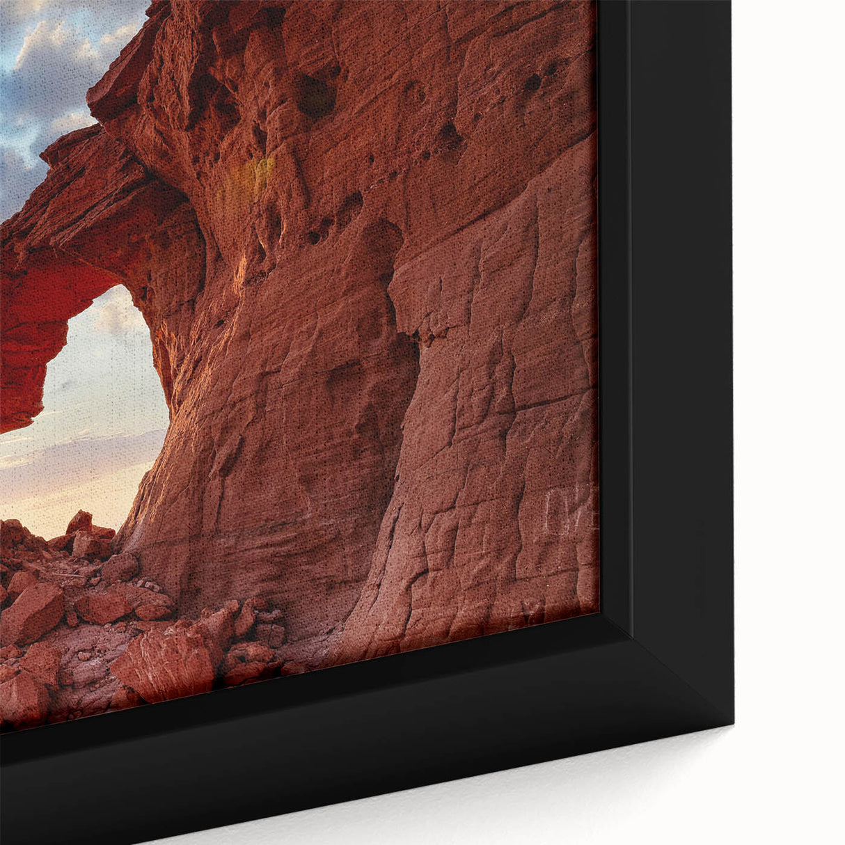 Framed canvas wall art showcasing a close-up of a stunning rocky landscape design, featuring intricate textures and earthy tones, perfect for home decor.