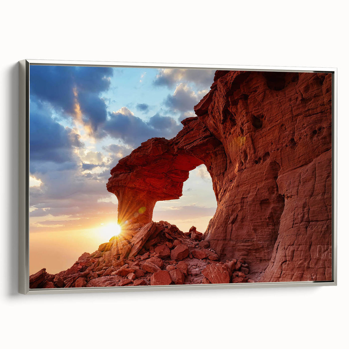 Framed canvas wall art showcasing a modern landscape design with rocky formations, highlighted by silver frame accents, ideal for contemporary home decor.