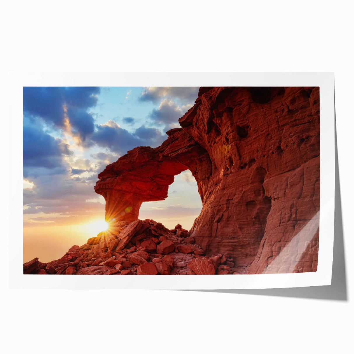 Rolled print showcasing a vibrant abstract landscape design with striking rock formations and rich colors, ideal for modern home decor or art collections.