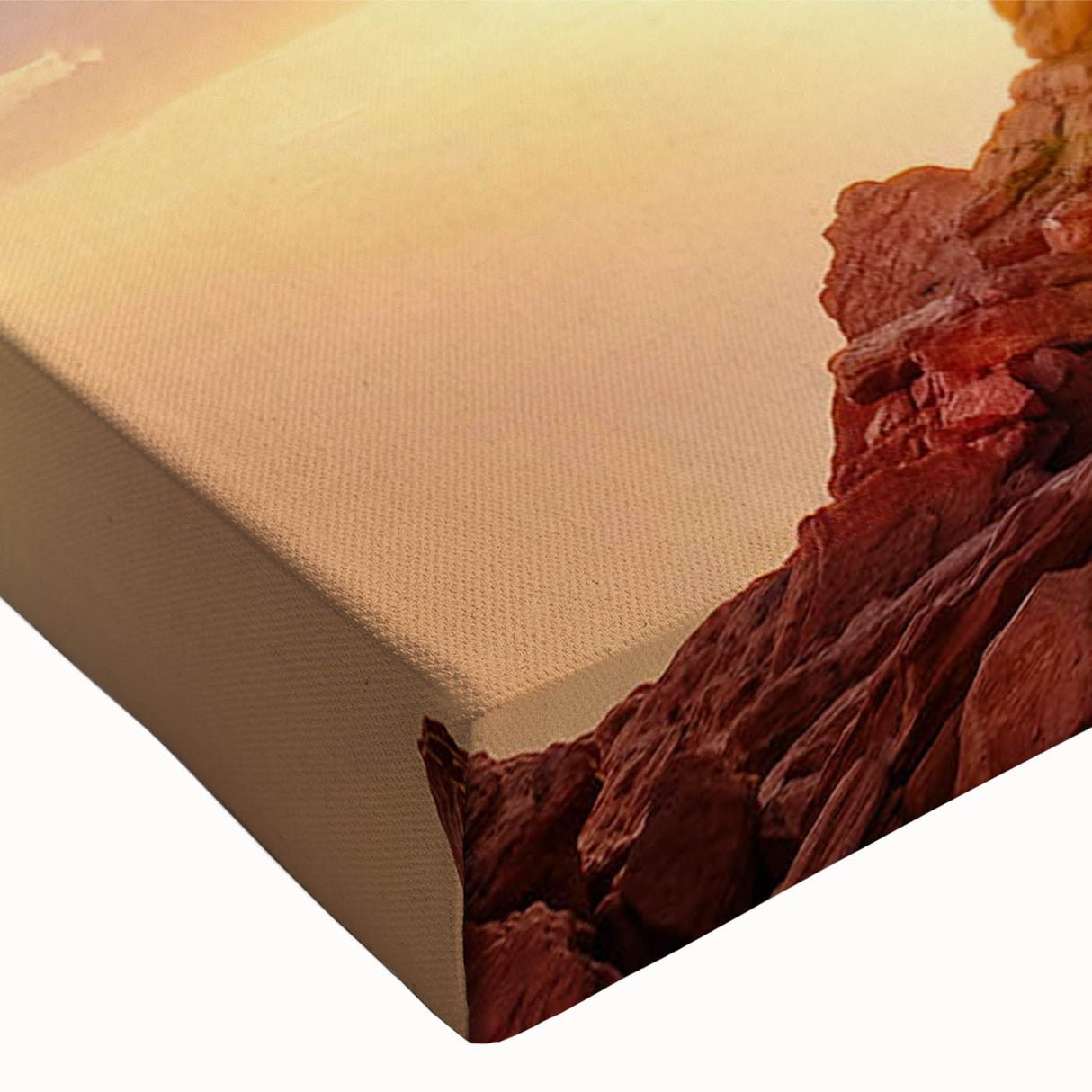 Close-up of a stretched canvas wall art piece showcasing a vibrant abstract landscape design with textured rocks in earthy tones, perfect for modern decor.