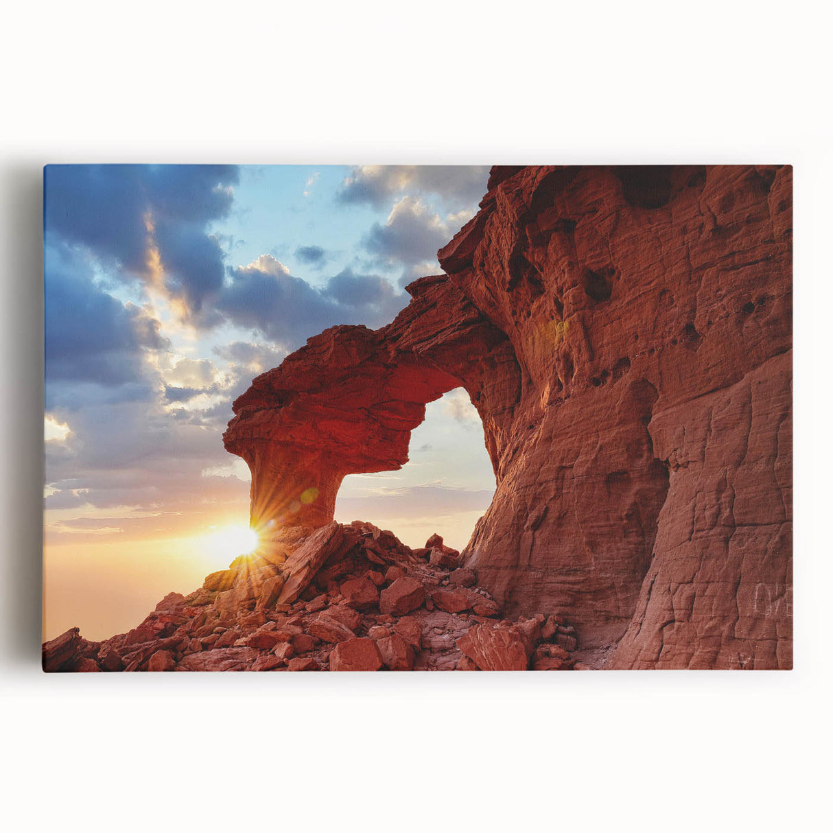 Stretched canvas artwork showcasing a vibrant landscape with rocky formations, rich colors and intricate details, perfect for enhancing modern home decor.