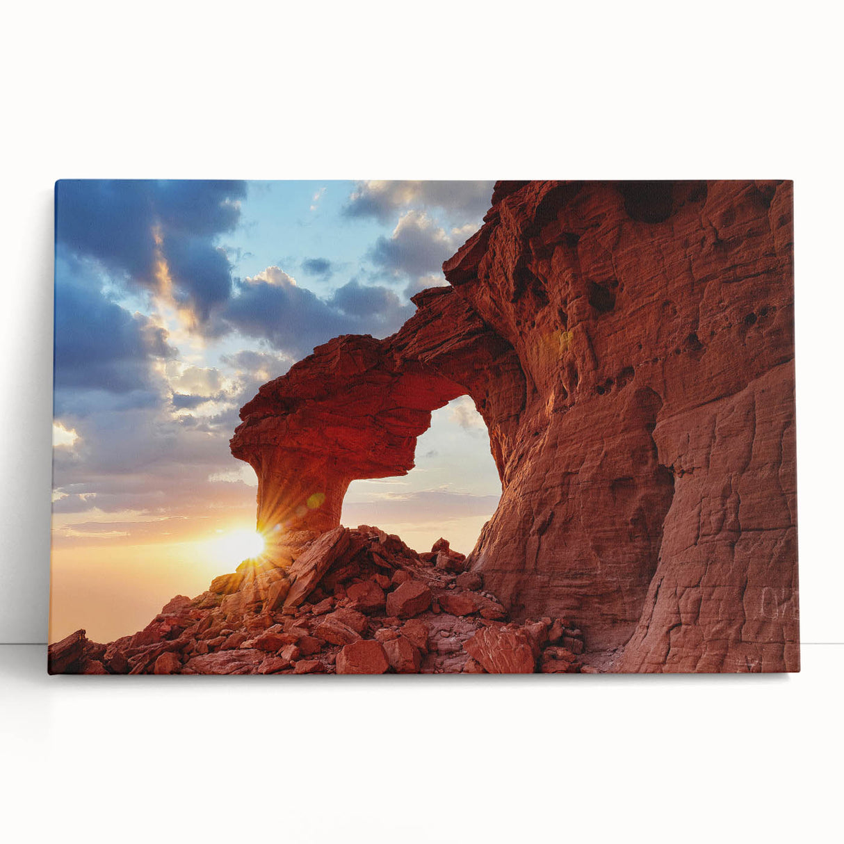 Stretched canvas wall art showcasing a serene landscape with rocks and greenery, perfect for home decor. The design features soft earth tones, inviting a calming atmosphere.