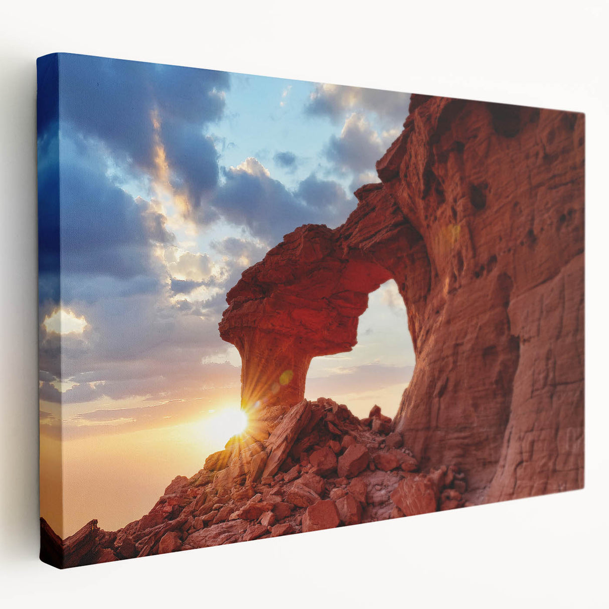 Stretched canvas wall art showcasing a vibrant landscape design with textured rocks and earthy tones, ideal for enhancing modern home interiors and decor.