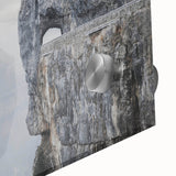 Close-up of a vibrant acrylic glass wall art piece showcasing a stunning landscape with textured rocks, ideal for modern home decor and artistic ambiance.