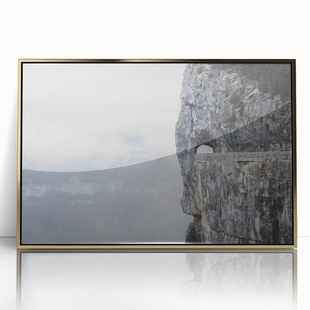 Framed acrylic wall art collection featuring a stunning landscape with rocks, set in a sleek gold frame, ideal for modern home decor and artistic ambiance.