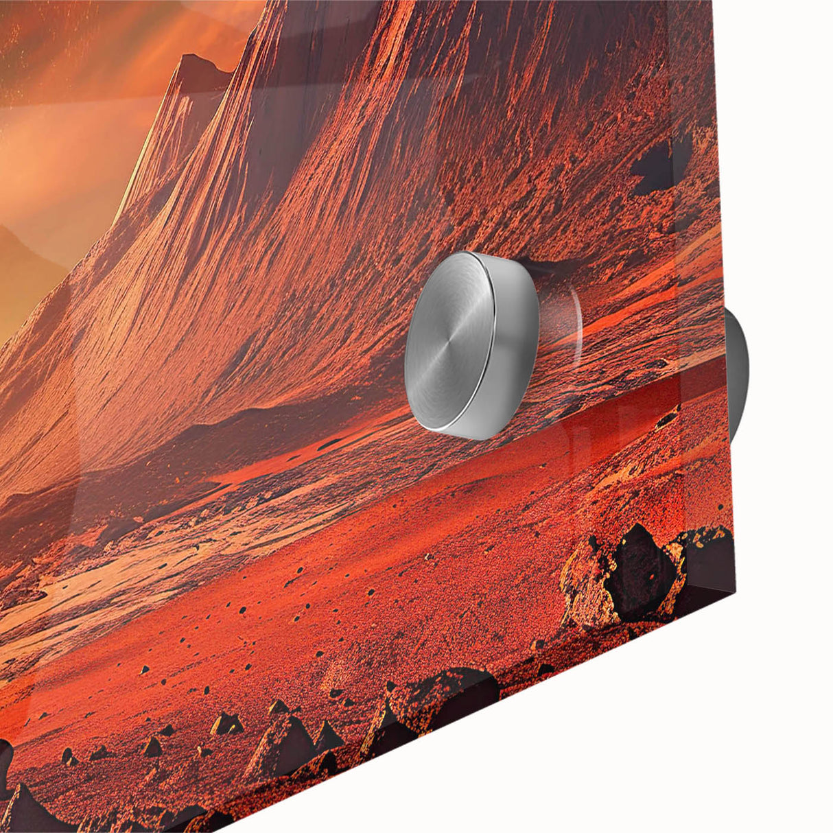 Close-up of a vibrant acrylic glass artwork depicting abstract rock formations in earthy tones, showcasing intricate textures and details ideal for modern home decor.