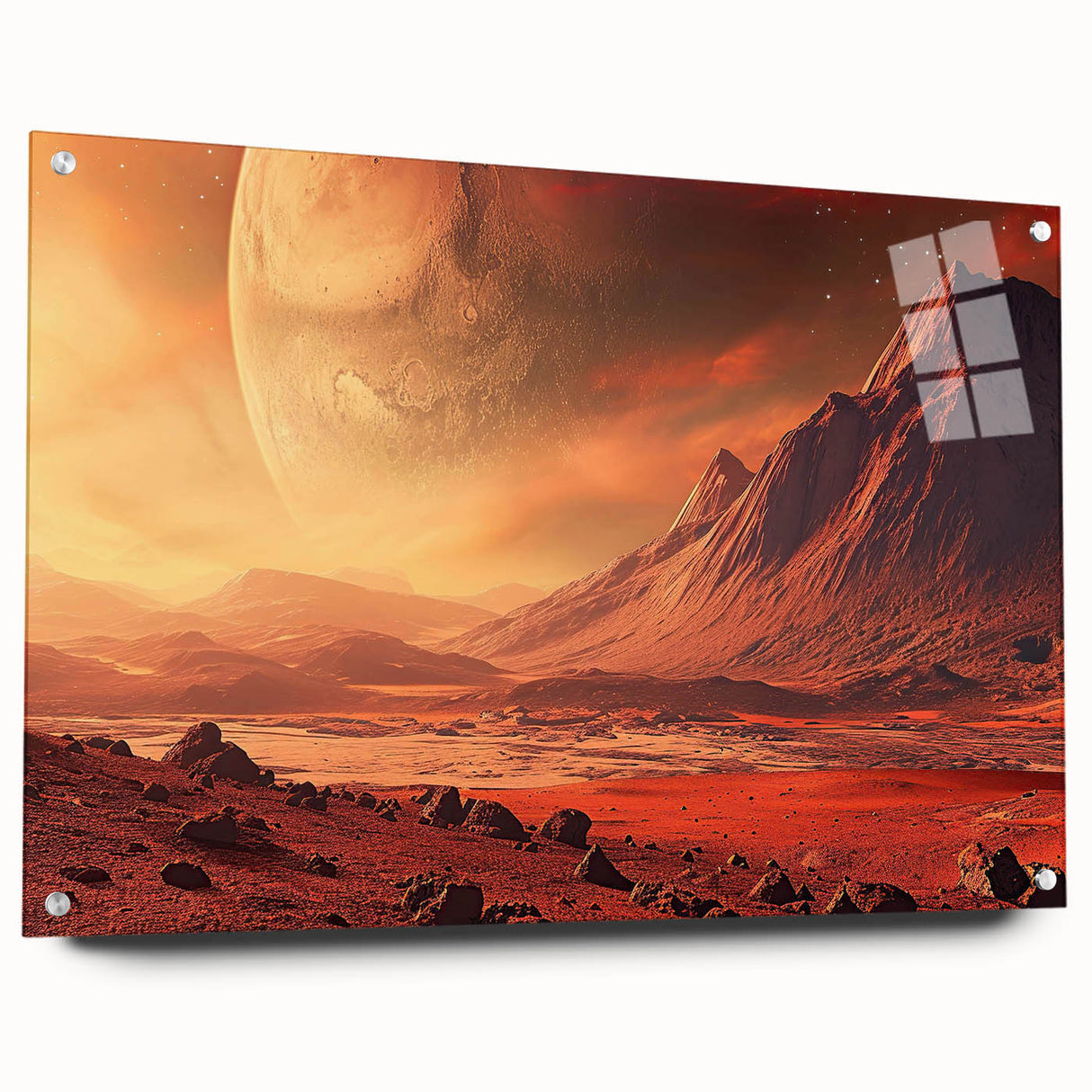 Side view of a modern acrylic wall art piece showcasing a vibrant landscapes and rocks design, featuring a sleek finish and mounted with pins for easy display.
