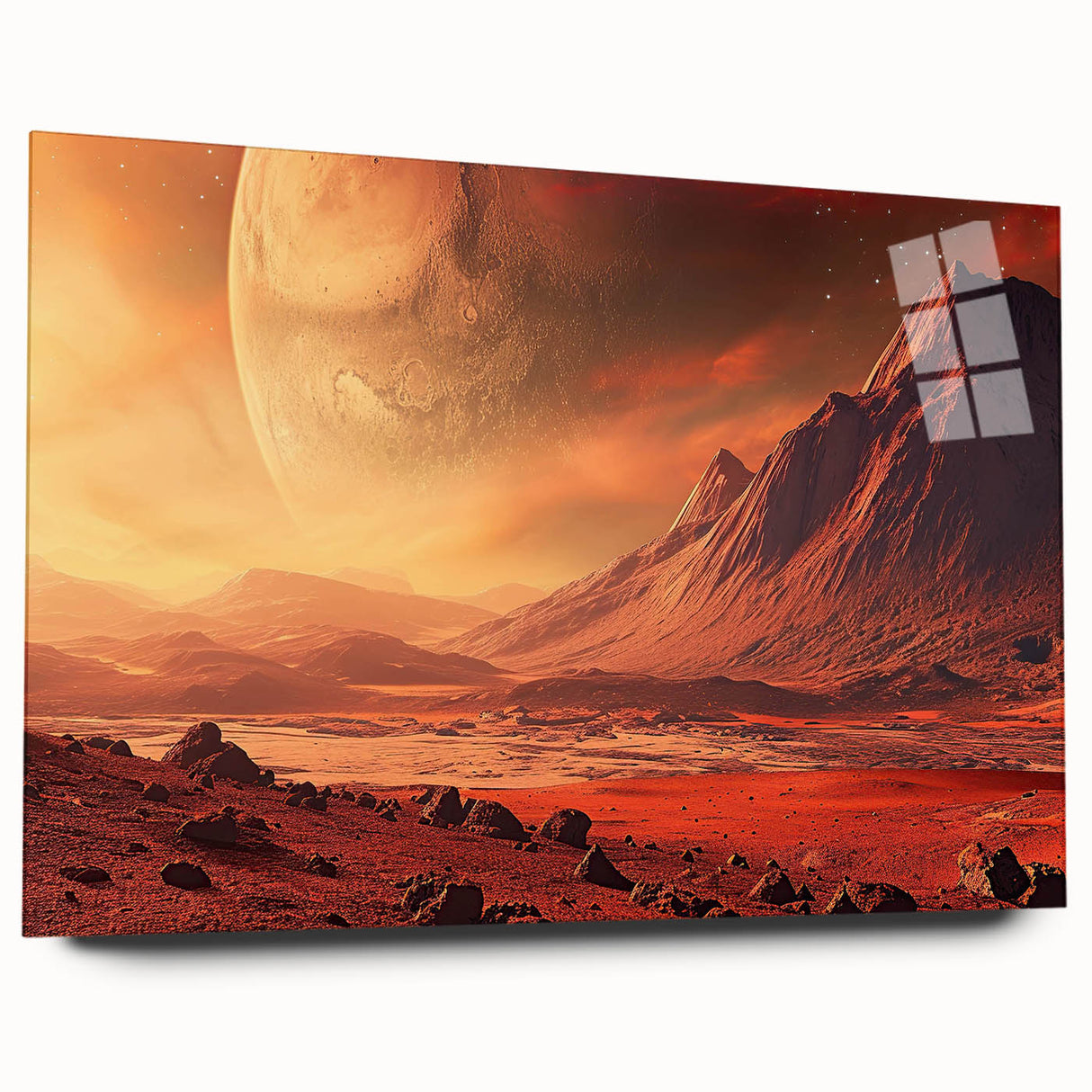Acrylic glass wall art design showcasing a vibrant landscape with striking rock formations, displayed prominently in a side view without pins. Perfect for modern decor.