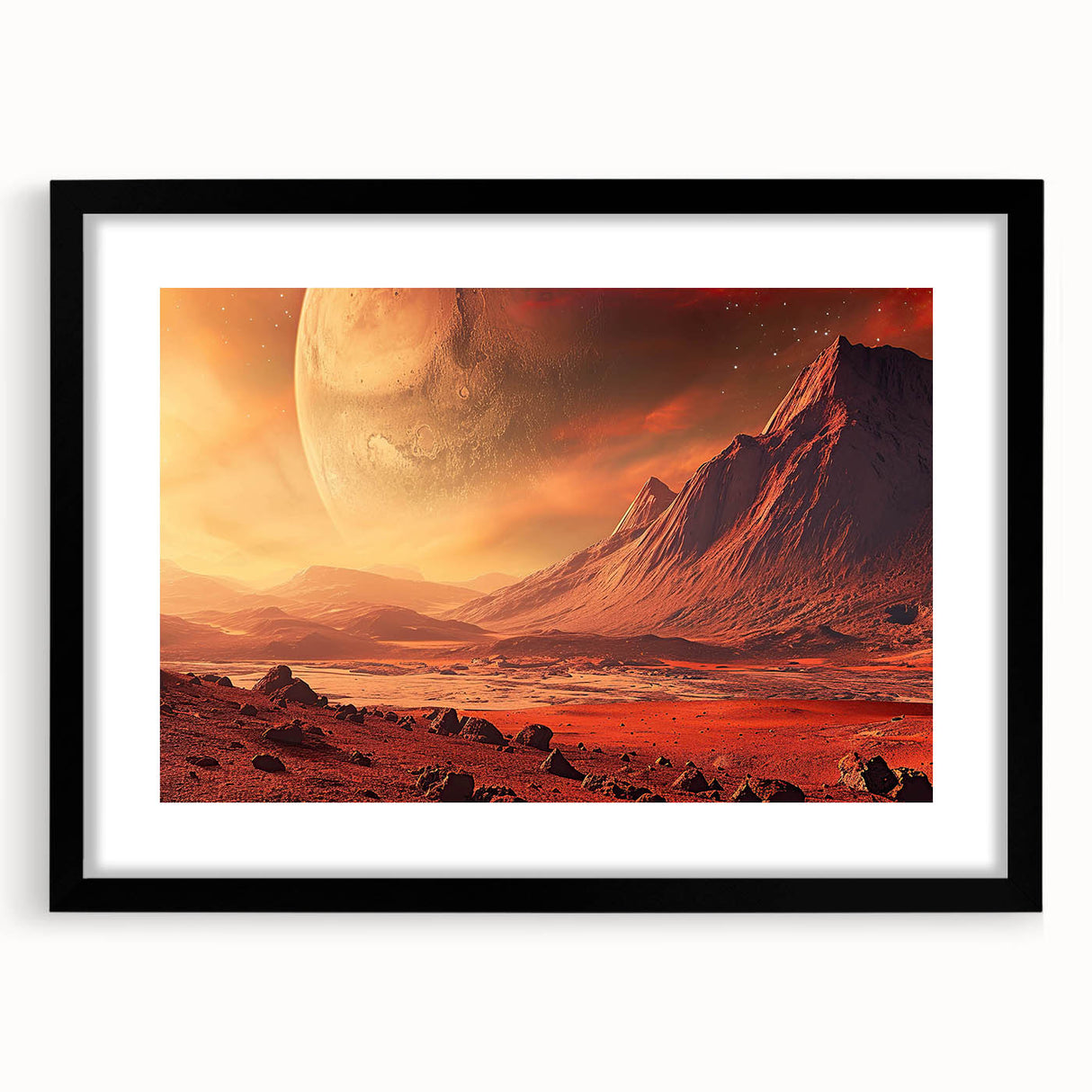 Framed black wall art featuring a striking landscape design with rocky formations, ideal for modern decor. The piece is elegantly matted, enhancing its aesthetic appeal.