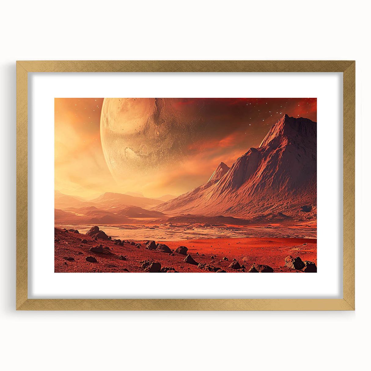 Framed wall art collection showcasing a serene landscape with rocks and natural elements, featuring a gold mat and elegant frame, perfect for home decor.