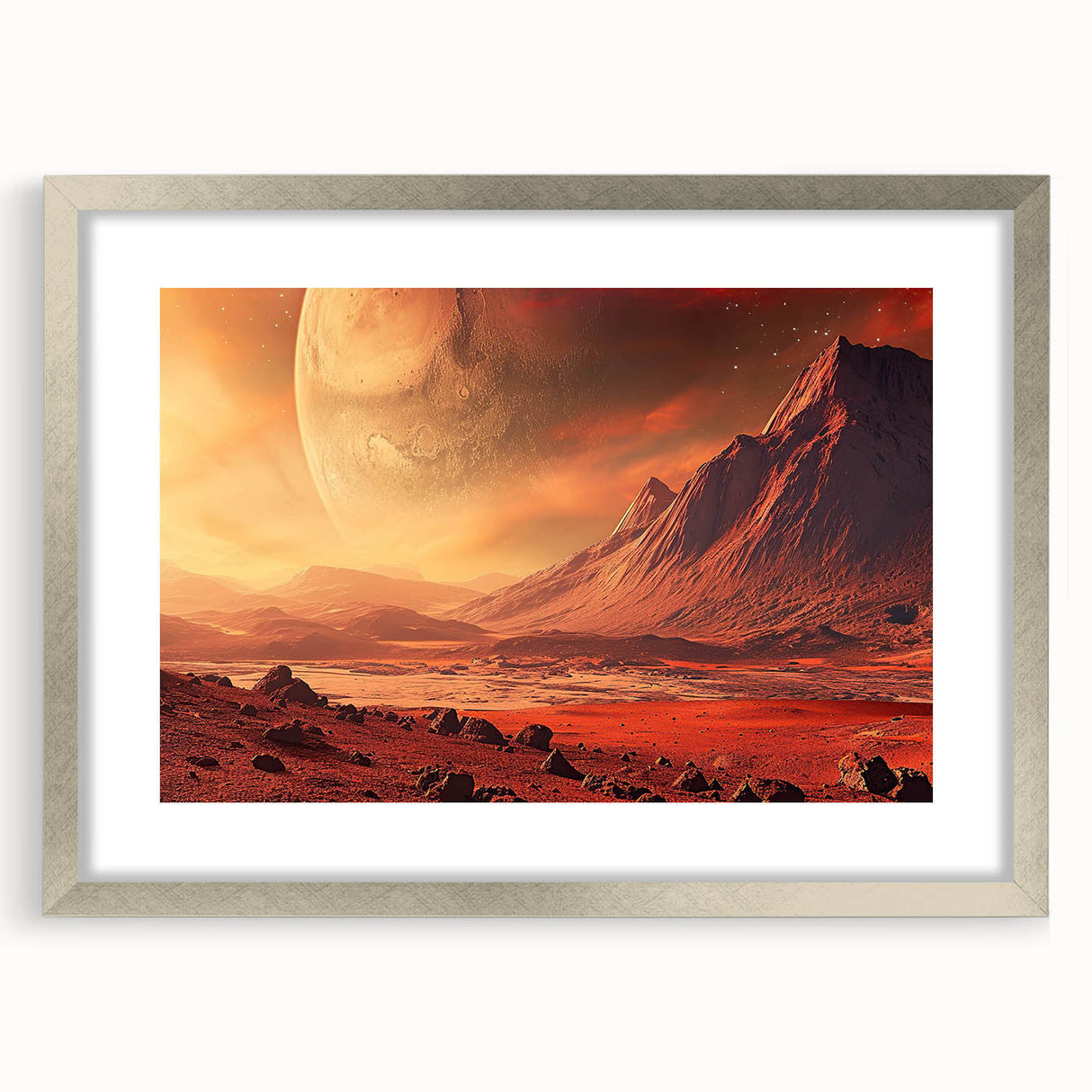 Framed wall art collection showcasing a serene landscape with rocks, featuring a silver frame and matting, perfect for enhancing home decor and aesthetic appeal.