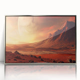 Framed acrylic wall art featuring a stunning landscape design with rocky formations and vibrant colors, elegantly displayed with a silver frame, perfect for home decor.