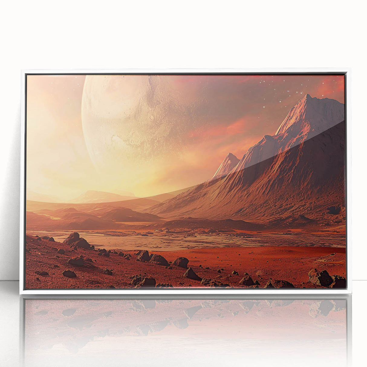 Framed acrylic wall art showcasing a stunning landscape with rocks, featuring a crisp white frame that enhances the vibrant colors and details, perfect for home decor.