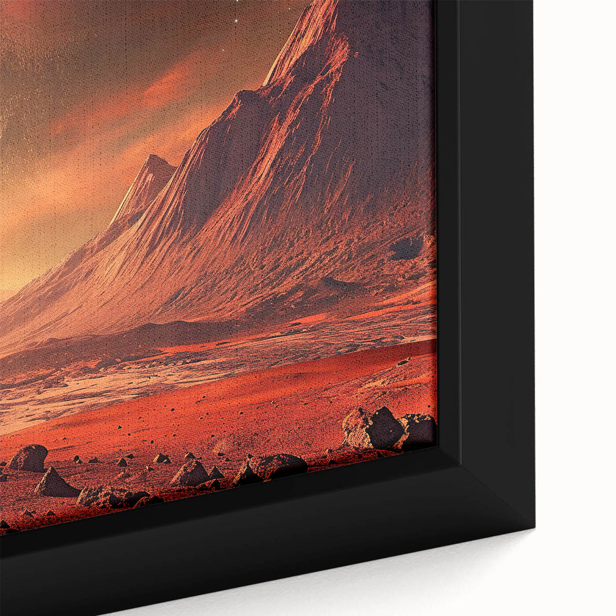 Close-up of a framed canvas wall art piece showcasing a vibrant abstract landscape design with intricate rock formations in rich earthy tones, perfect for modern home decor.
