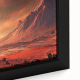Close-up of a framed canvas wall art piece showcasing a vibrant abstract landscape design with intricate rock formations in rich earthy tones, perfect for modern home decor.