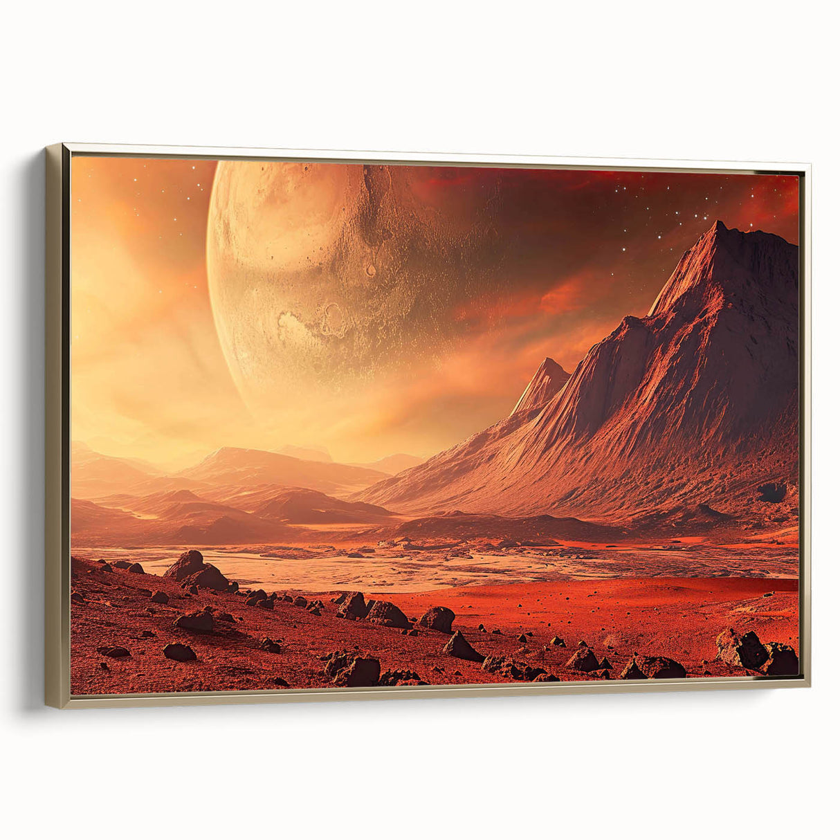 Framed canvas wall art showcasing a stunning landscape design with textured rocks and golden accents, perfect for enhancing modern home decor aesthetics.
