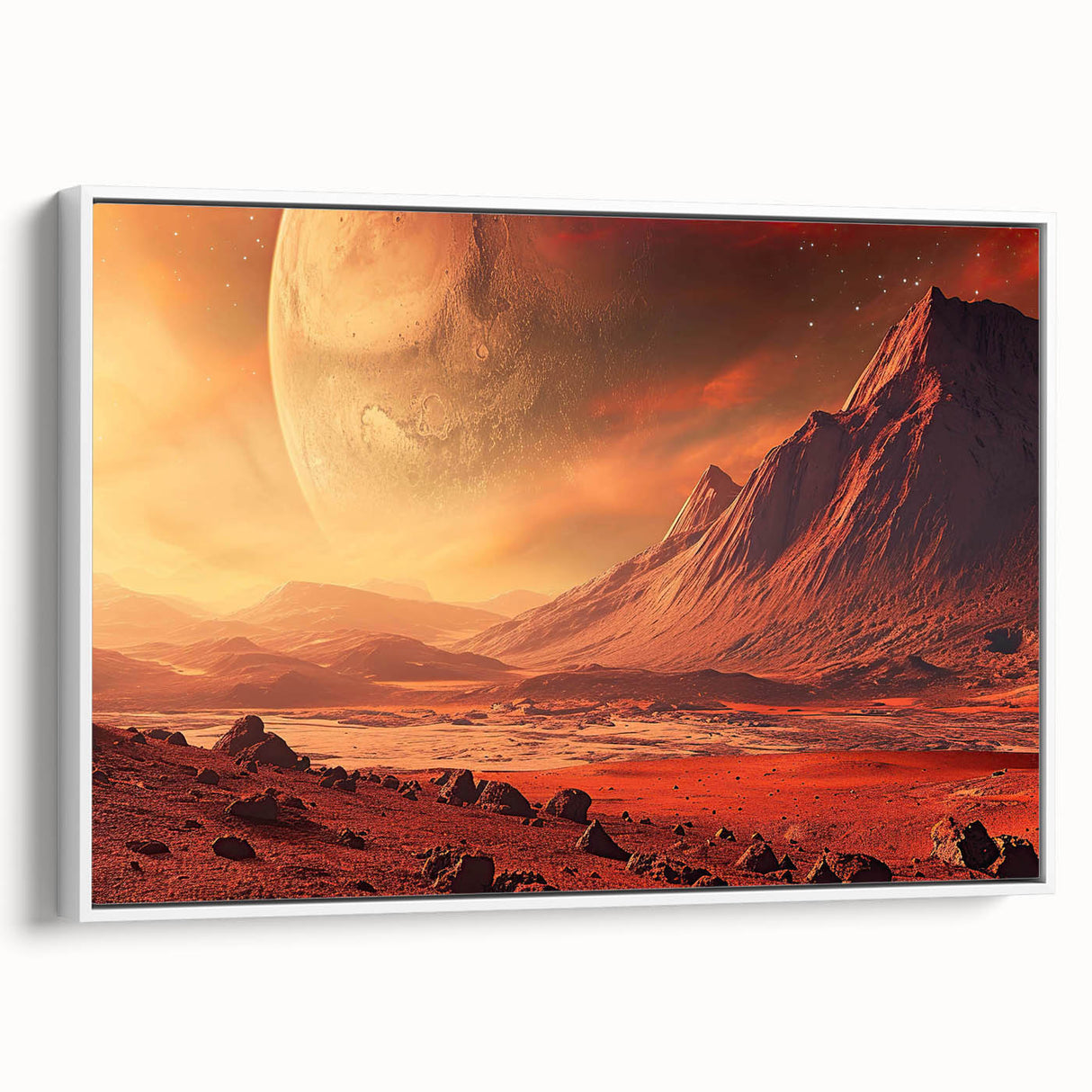 Framed canvas wall art showcasing a modern landscape design with rocky formations, featuring a white frame and side view that highlights its elegant presentation. Ideal for enhancing contemporary decor.