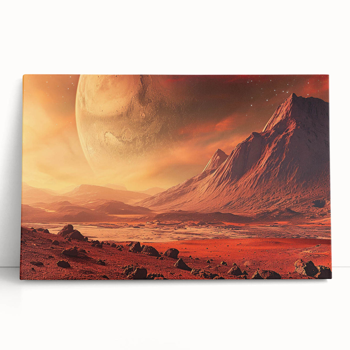 Stretched canvas artwork showcasing a serene landscape with rocks and trees, ideal for home decor. The vibrant colors enhance any interior setting, adding a tranquil touch to wall displays.