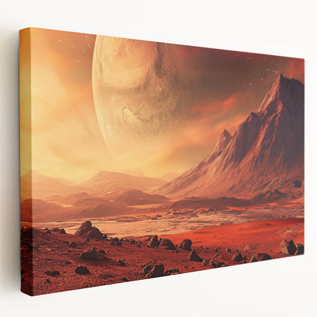 Stretched canvas artwork showcasing a serene landscape with rocky formations and vibrant colors, perfect for enhancing modern home decor or office spaces.