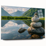 Acrylic wall art featuring a vibrant landscape design with a focus on textured rocks, displayed in a side view to highlight its modern aesthetic and glass finish.