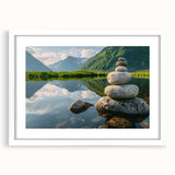 Framed wall art featuring a serene landscape of rocks and natural textures, set in a white mat and frame, ideal for home decor and interior design accents.