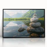 Framed acrylic wall art depicting a stunning landscape with textured rocks, featuring a sleek black frame, ideal for modern home decor and enhancing interior aesthetics.