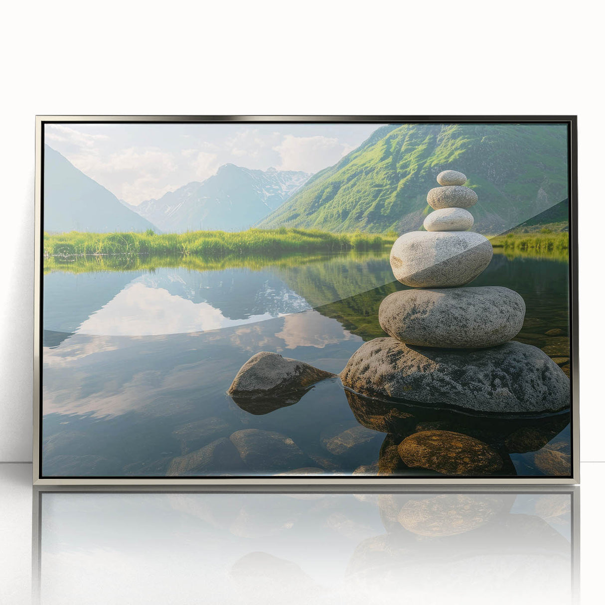 Framed acrylic wall art showcasing a modern landscape design with silver accents, featuring intricate rock formations and vibrant colors, perfect for home decor.