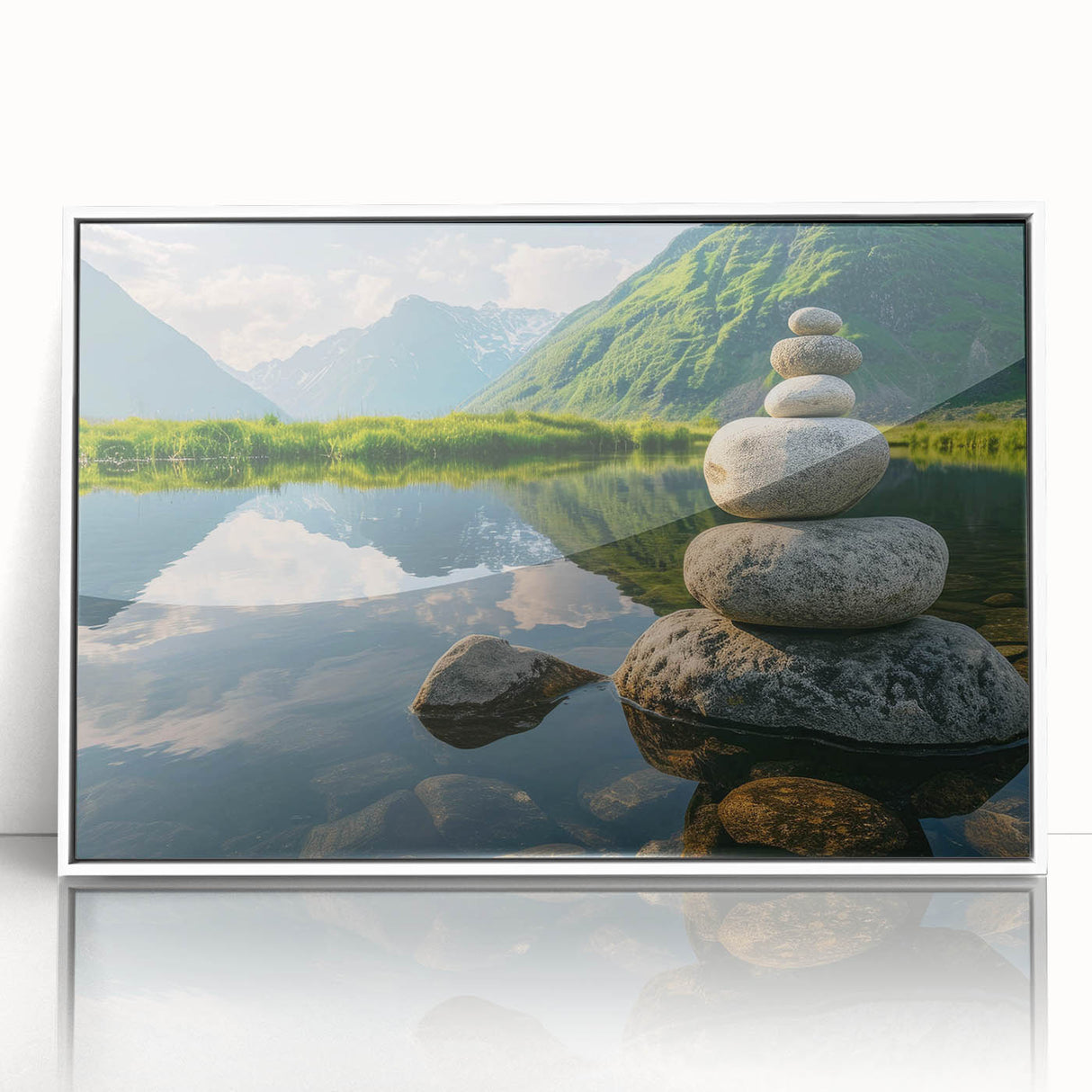 Framed wall art featuring a modern landscape design with abstract rocks in earthy tones, set in a sleek white frame, ideal for contemporary home decor.