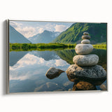 Framed canvas wall art showcasing a contemporary landscape design with rocky formations, complemented by a sleek silver frame, ideal for modern home decor.