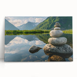Stretched canvas wall art featuring a serene landscape with textured rocks and greenery, ideal for home decor, showcasing natural beauty and tranquility.