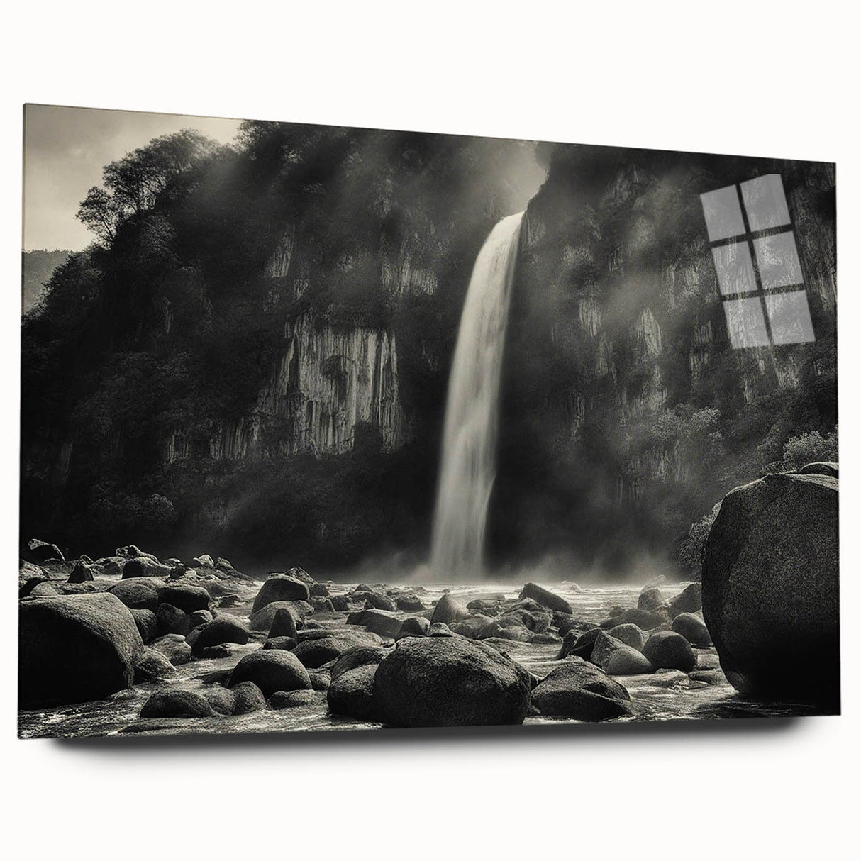 Acrylic glass wall art piece showcasing a stunning landscape design featuring rocky formations and vibrant colors, displayed from a side view without pins, ideal for modern decor.