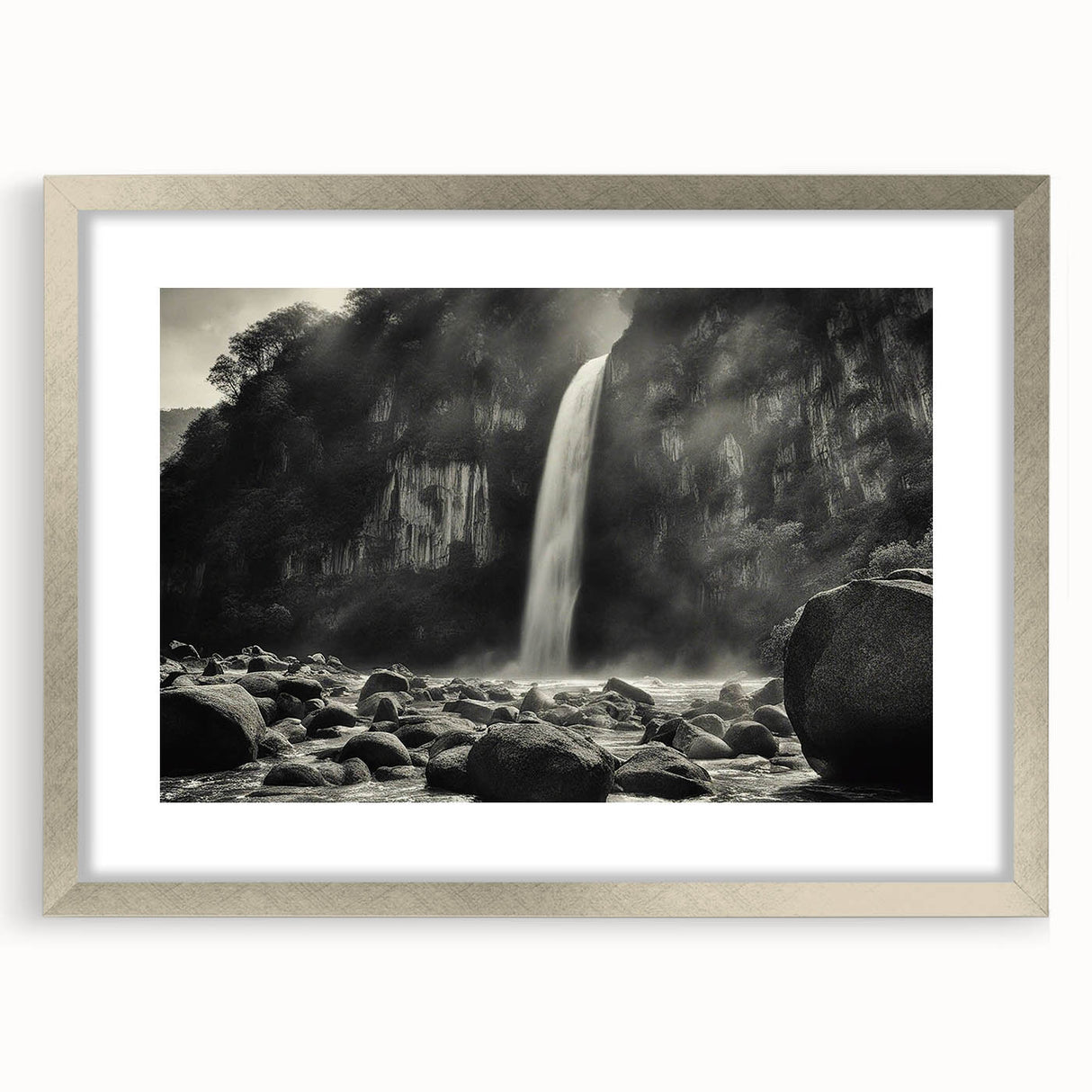Framed wall art showcasing a serene landscape of rocks and mountains, elegantly displayed with a silver matting, perfect for modern home decor.