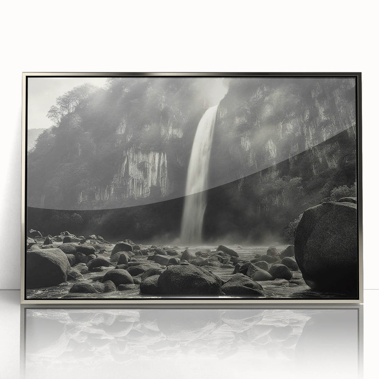 Framed acrylic wall art showcasing a modern landscape design featuring textured rocks, elegantly displayed in a silver frame, perfect for contemporary decor.
