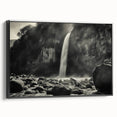 Framed canvas wall art showcasing a serene landscape with textured rocks and natural tones, presented in a sleek black frame, ideal for modern home decor.
