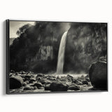 Framed canvas wall art showcasing a serene landscape with textured rocks and natural tones, presented in a sleek black frame, ideal for modern home decor.