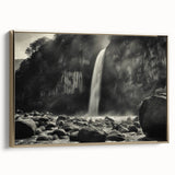 Framed canvas wall art featuring a stunning landscape design with rocky formations, accented by gold framing, ideal for modern decor in living spaces.