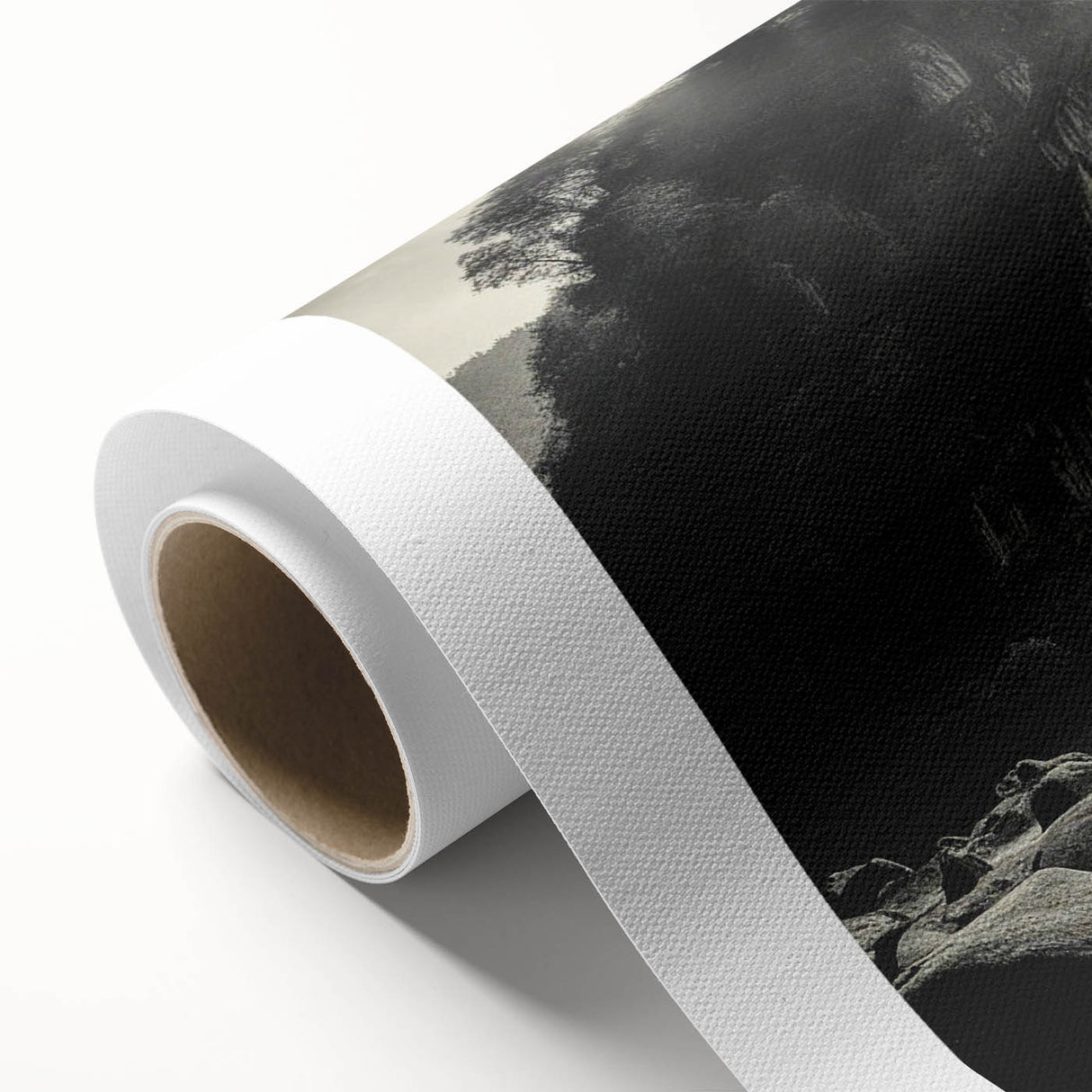 Rolled canvas artwork showcasing a vibrant landscape design featuring rocky mountains and lush greenery, ideal for enhancing living spaces with natural beauty.
