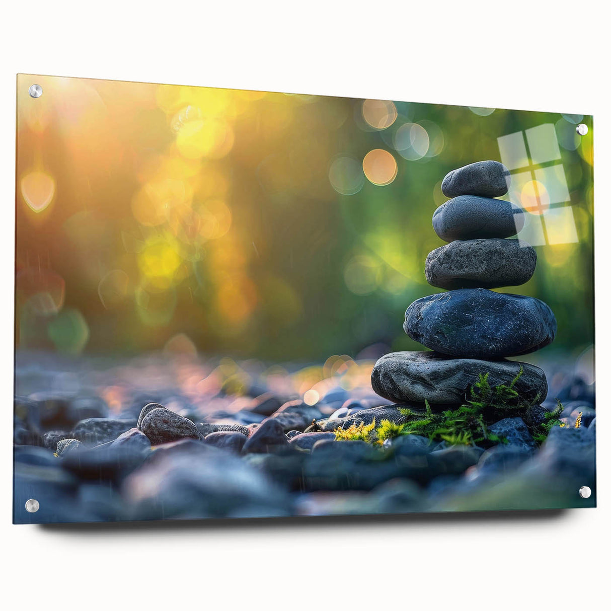 Acrylic glass wall art featuring a stunning landscape design with intricate rock formations, displayed in a modern setting, highlighted by pins for mounting.