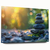 Acrylic glass wall art featuring a stunning landscape design with intricate rock formations, displayed in a modern setting, highlighted by pins for mounting.