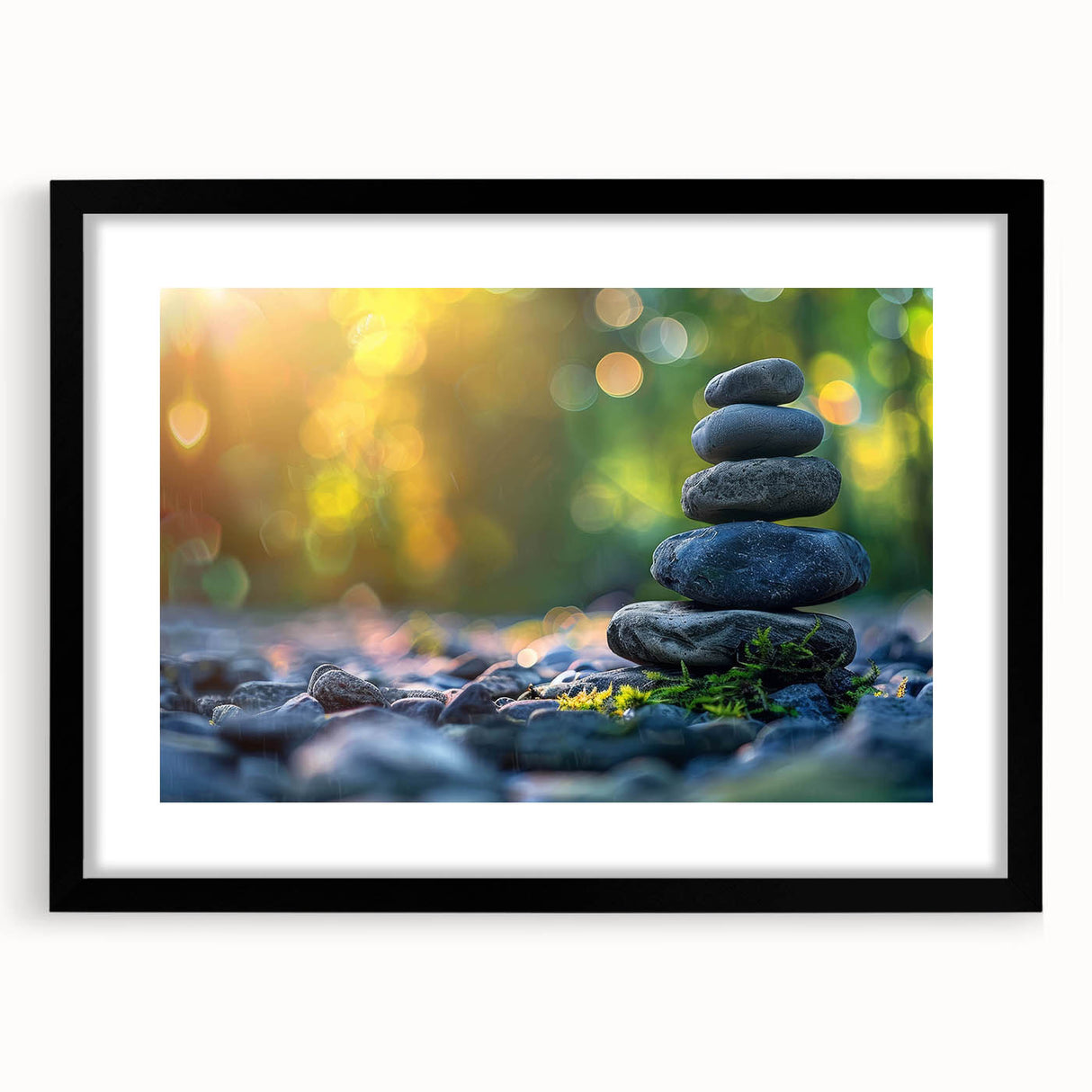Framed black wall art featuring a serene landscape with rocks and soft colors, designed to enhance modern decor with an elegant touch. Ideal for home or office interiors.