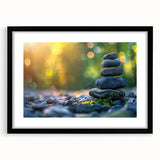 Framed black wall art featuring a serene landscape with rocks and soft colors, designed to enhance modern decor with an elegant touch. Ideal for home or office interiors.