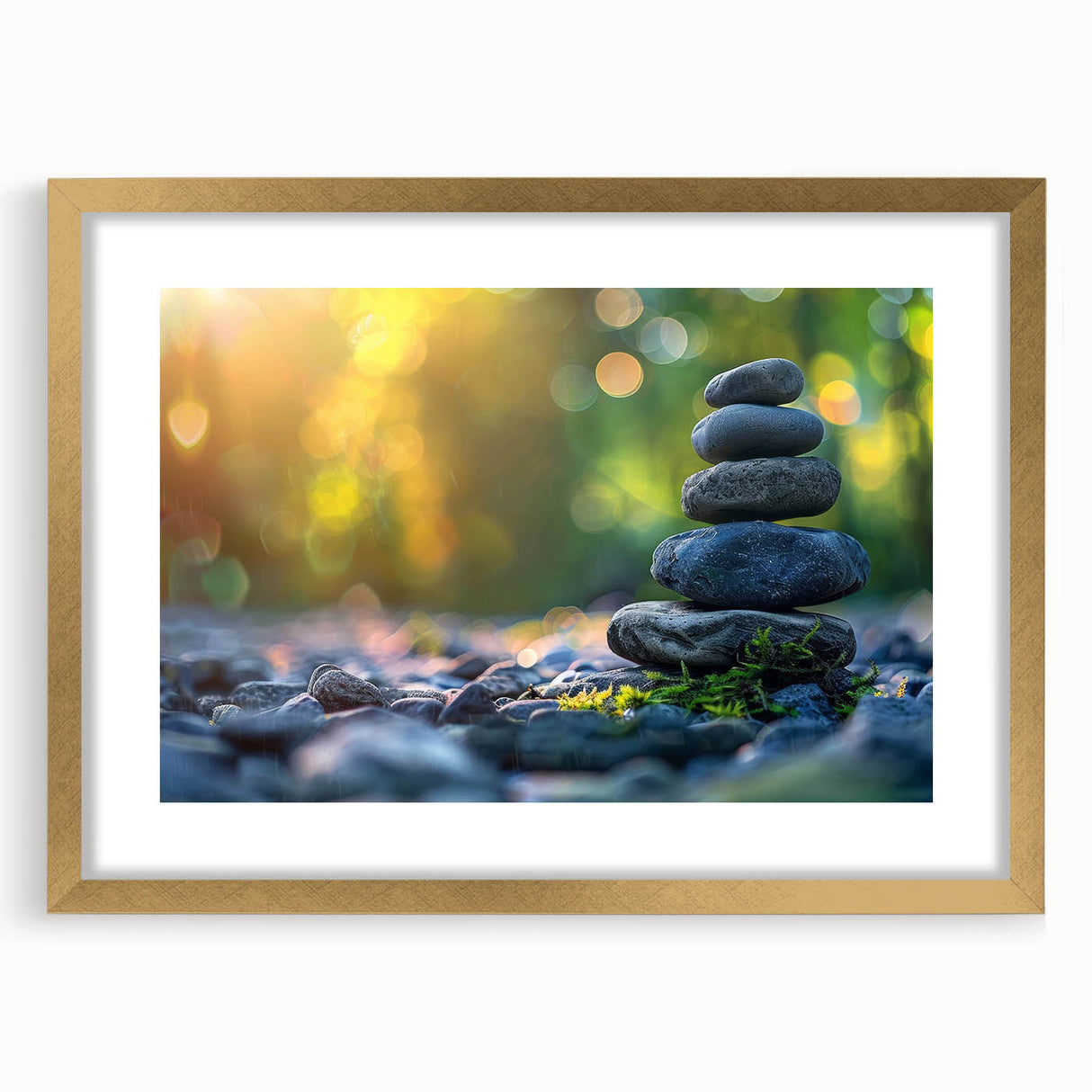 Elegant gold-framed wall art showcasing a stunning landscape design featuring textured rocks and vibrant colors, perfect for enhancing any home decor.