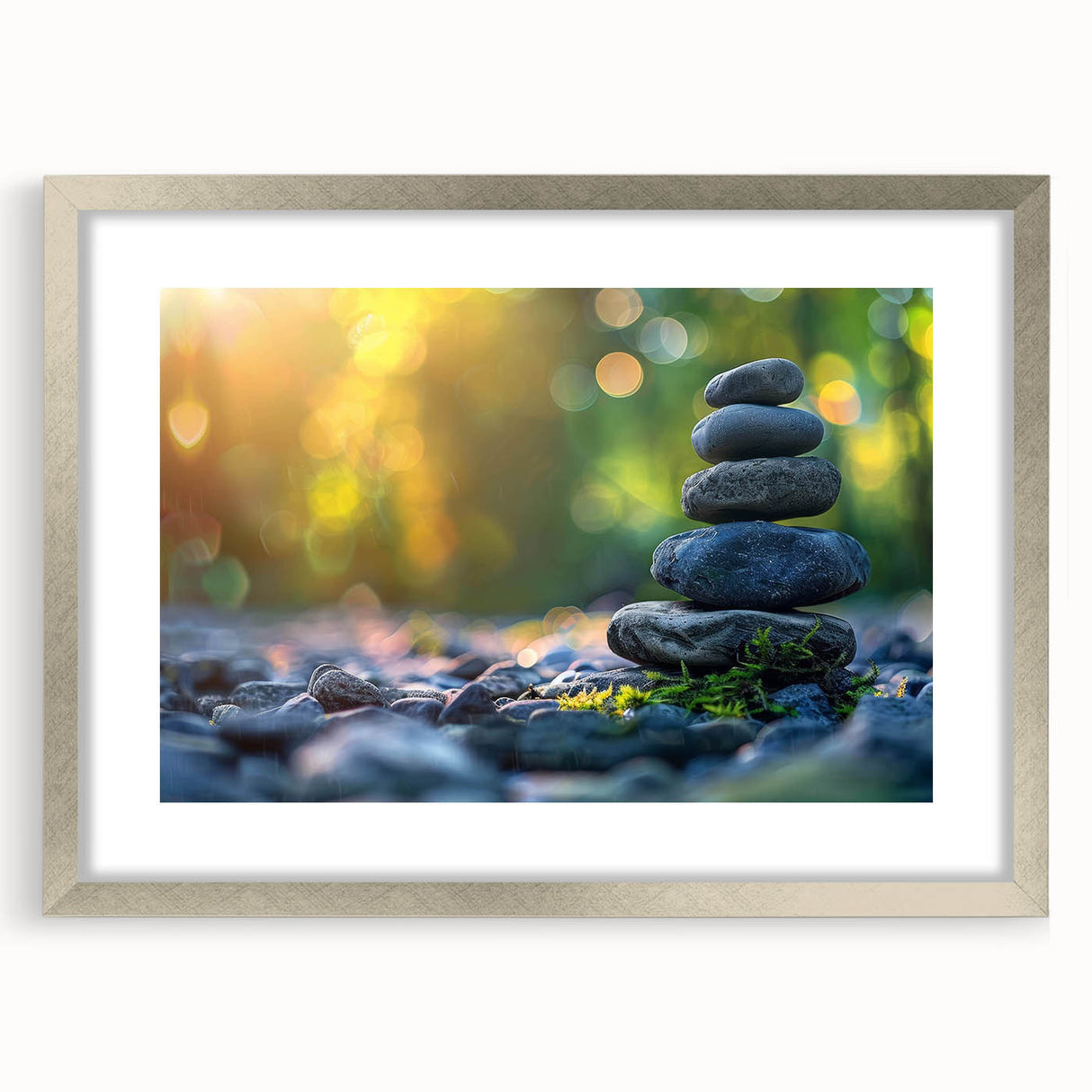 Framed wall art showcasing a serene landscape with rocks, set in a stylish silver frame with a mat, perfect for home or office decor.