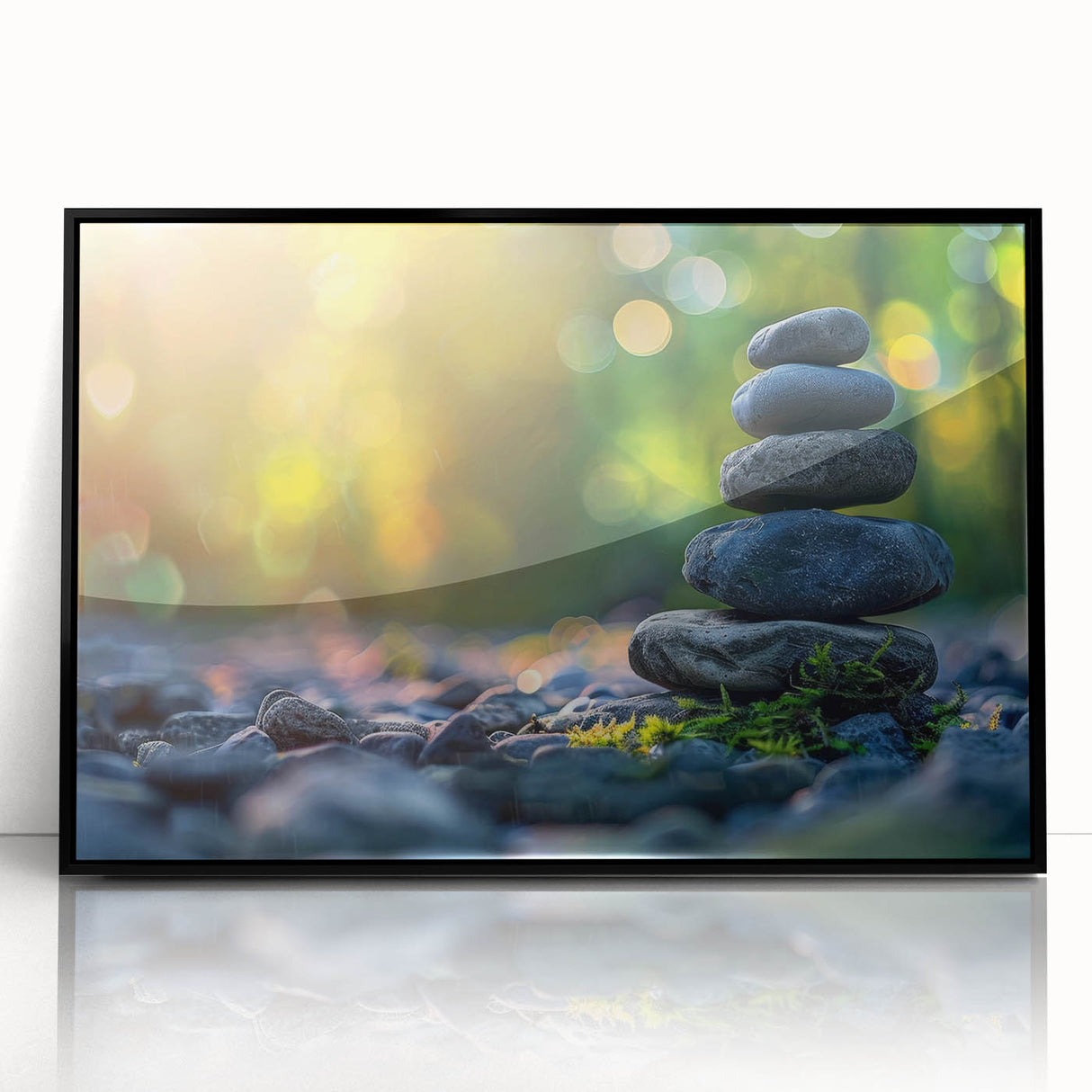 Framed acrylic wall art featuring a stunning landscape design with rocky formations, presented in a sleek black frame, ideal for modern home decor.