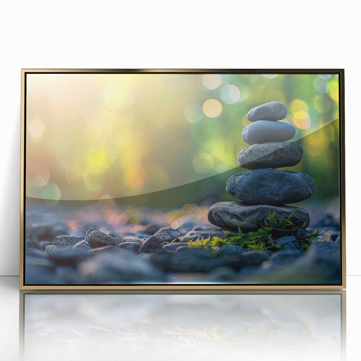 Framed wall art collection showcasing a modern landscape design with rocks, featuring acrylic glass in gold frame, ideal for contemporary home decor.