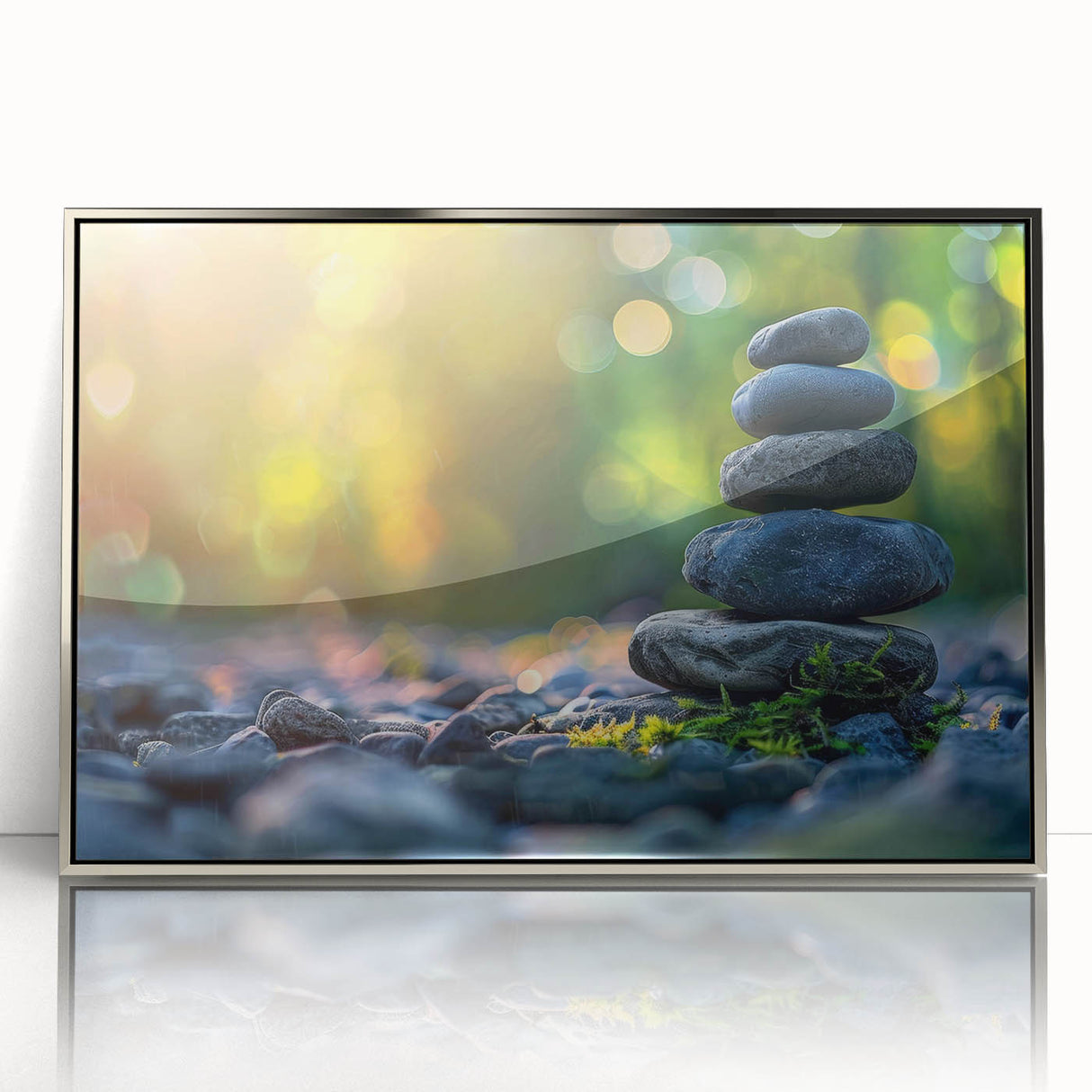 Framed acrylic wall art showcasing a stunning landscape with rocky formations, featuring silver accents that enhance the contemporary design, perfect for modern home decor.